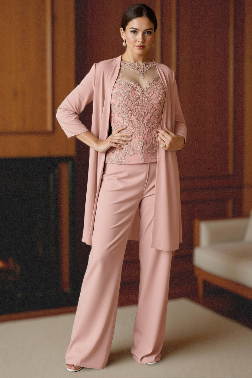 Dreamyannie Light Blue Bateau Neck Chiffon 3 Piece Mother Of The Bride Pant Suits With Jacket