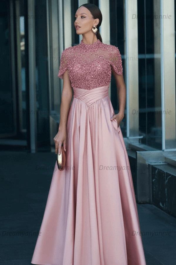 Green A Line Prom Dress Short Sleeve High Neck Beaded Formal Dress