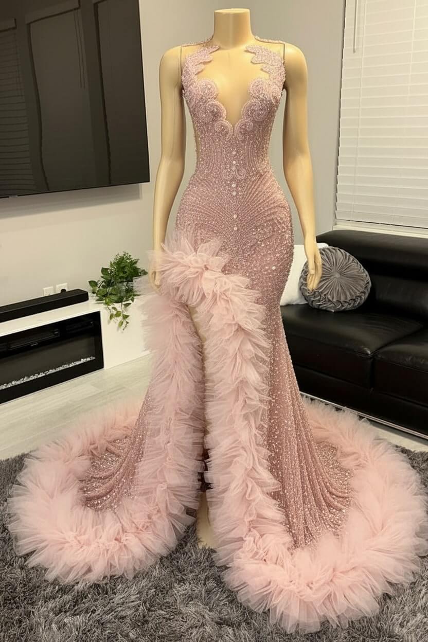 Mermaid Beaded Prom Dress Tulle Ruffles Sequined Formal Dress