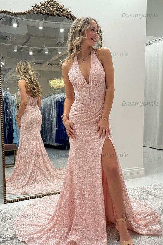 Dreamyannie Halter Pink Prom Dress Long Lace Formal Dress With Slit