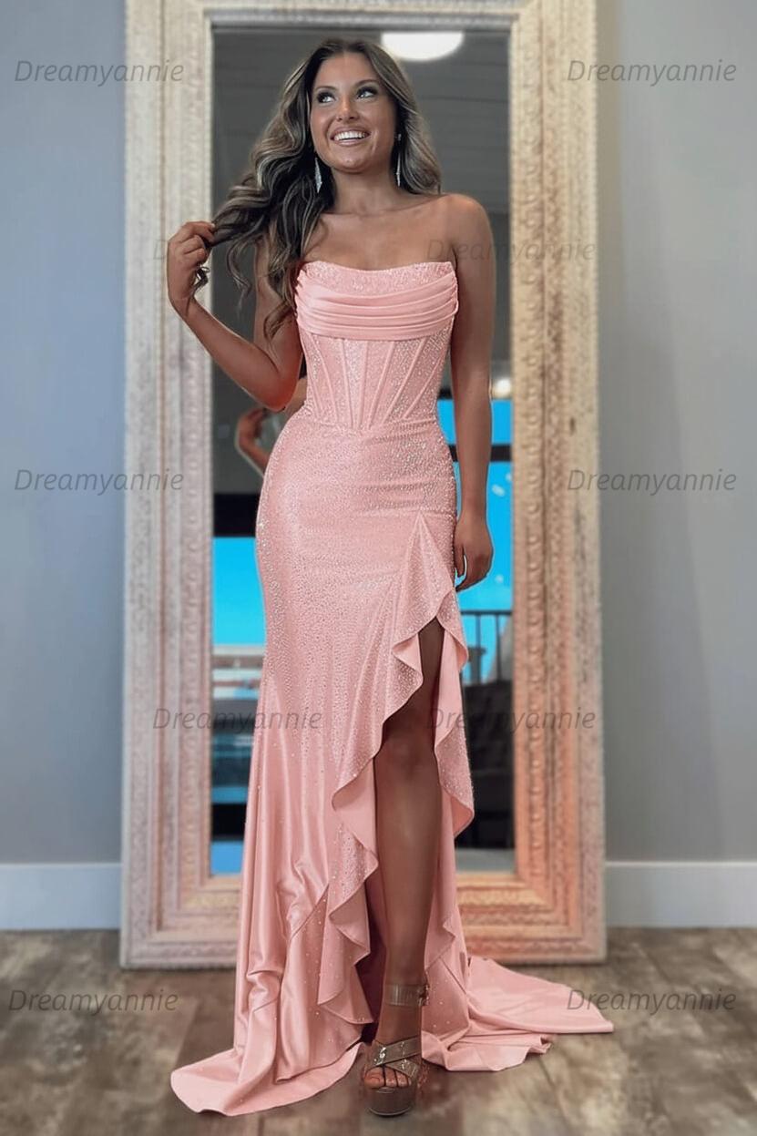 Hot Pink Beaded Prom Dress Strapless Corset Ruffled Formal Dress With Slit