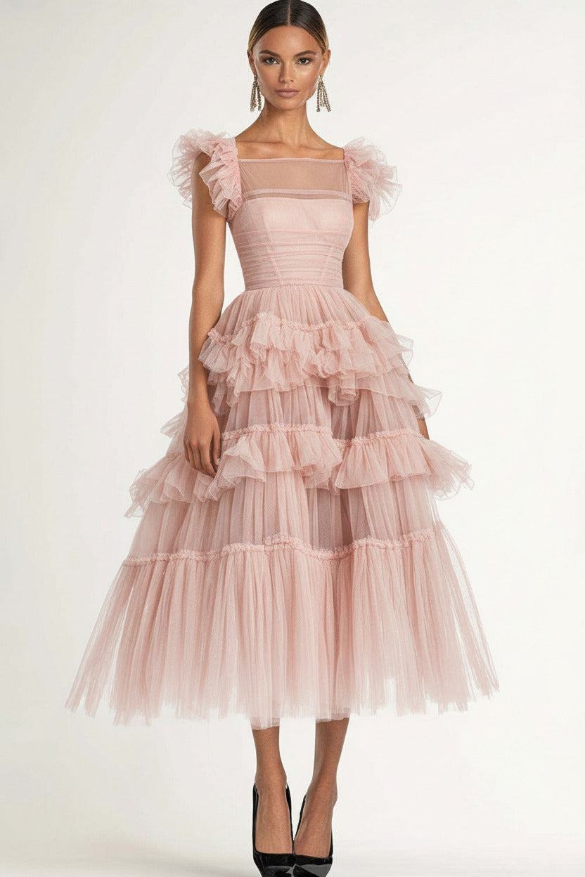 Dreamyannie Tea Length Black Wedding Guest Dress A-Line Flatter Sleeves Tulle Formal Dress With Ruffles