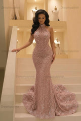 Gold Halter Neck Prom Dress Beaded Mermaid Evening Dress with Sweep Train
