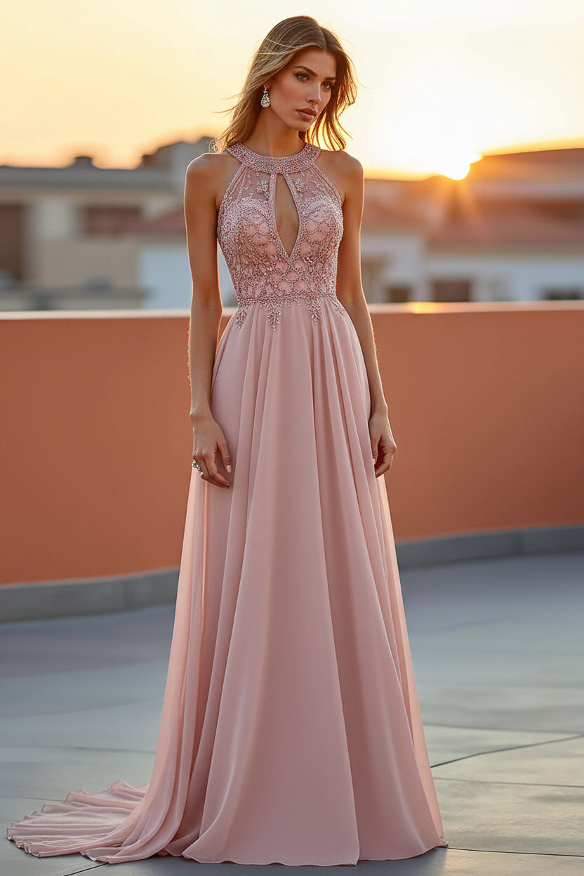 Dreamyannie Beaded Navy Wedding Guest Dress Halter Long Formal Dress With Embroideries
