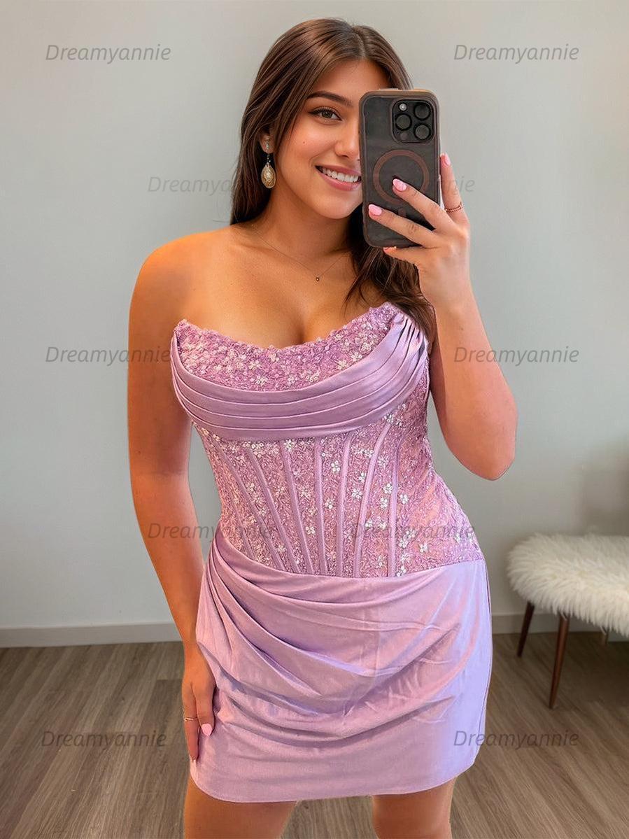 Bodycon Scoop Neck Satin Short Homecoming Dress with Appliqeus