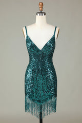 Bodycon Spaghetti Straps Green Homecoming Dress Lace-Up Back Short Prom Dress with Beading