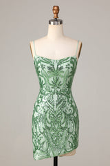 Bodycon Spaghetti Straps Green Homecoming Dress Sequin Short Prom Dress