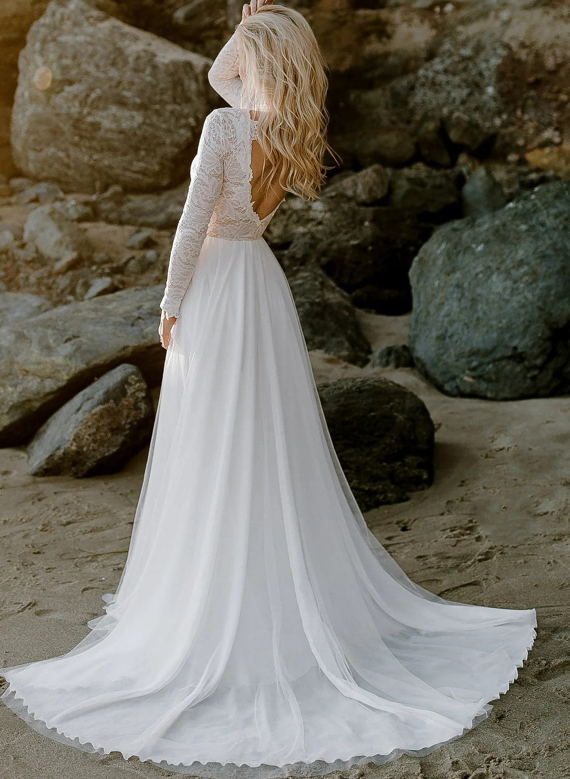 Boho Lace Tulle A Line Wedding Dress Long Sleeves