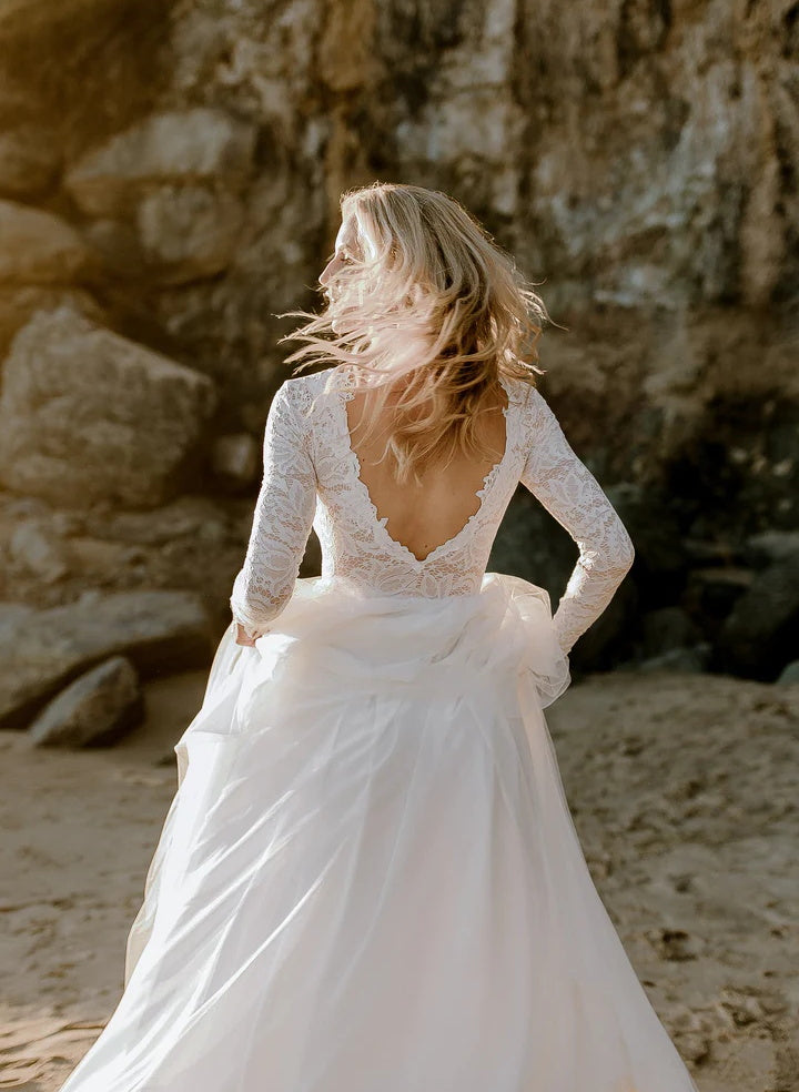 Boho Lace Tulle A Line Wedding Dress Long Sleeves