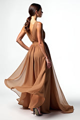 Brown A Line Deep V-Neck Long Chiffon Gala Dress