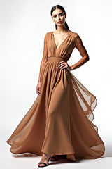 Brown A Line Deep V-Neck Long Chiffon Gala Dress