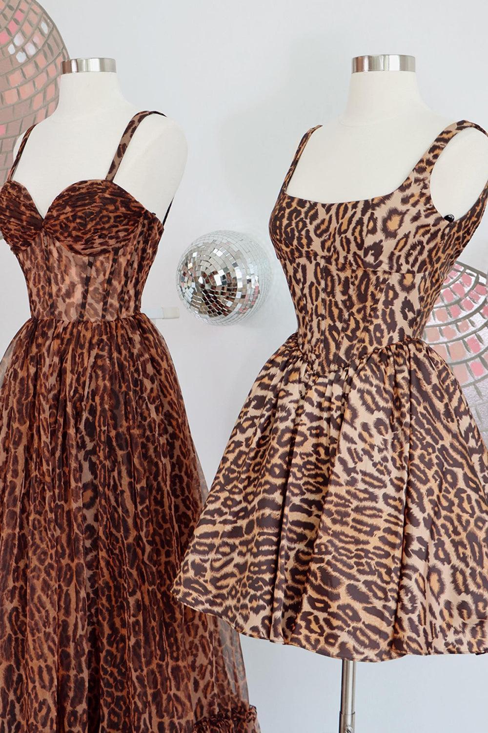 Brown Leopard Print Spaghetti Straps A-Line Short Homecoming Dress