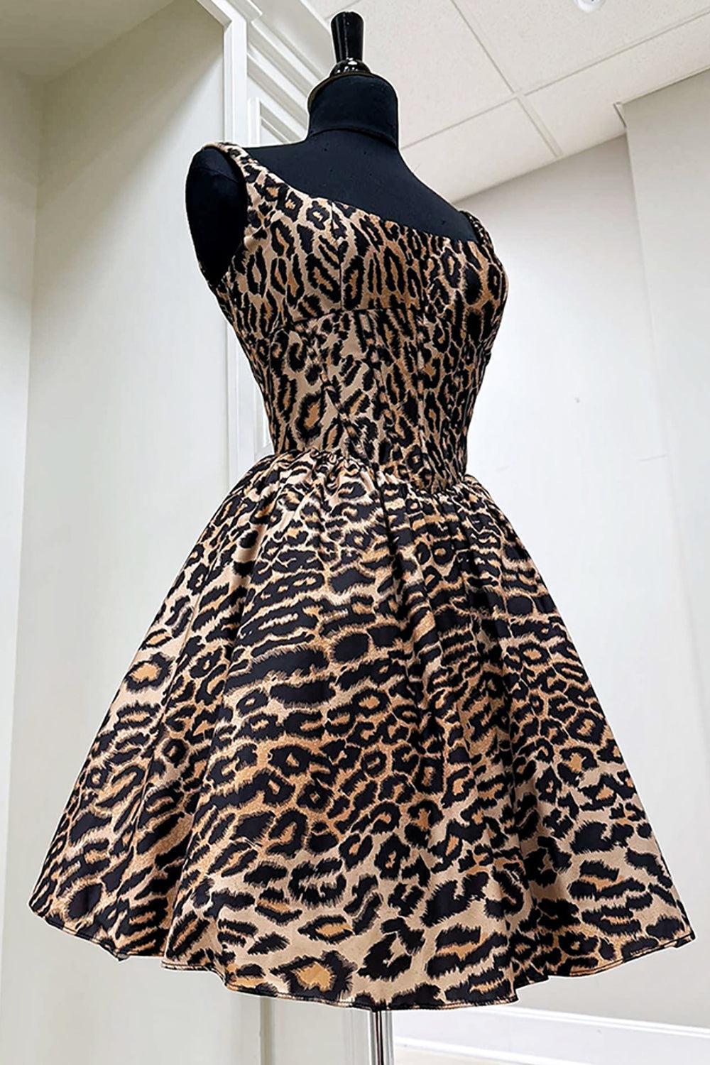 Brown Leopard Print Spaghetti Straps A-Line Short Homecoming Dress