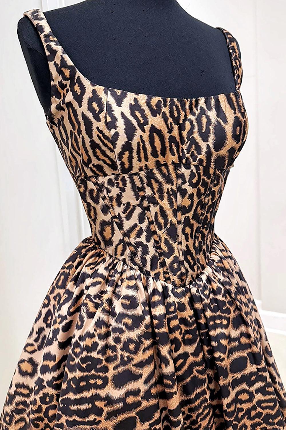 Brown Leopard Print Spaghetti Straps A-Line Short Homecoming Dress