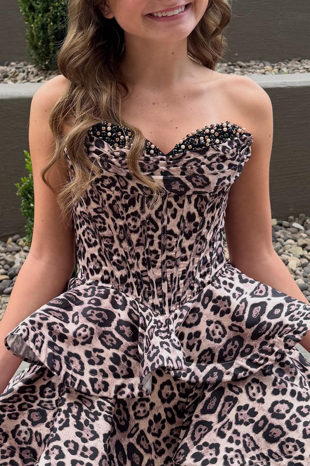 Brown Leopard Strapless Tiered Print Corset Short Homecoming Dress with Beading