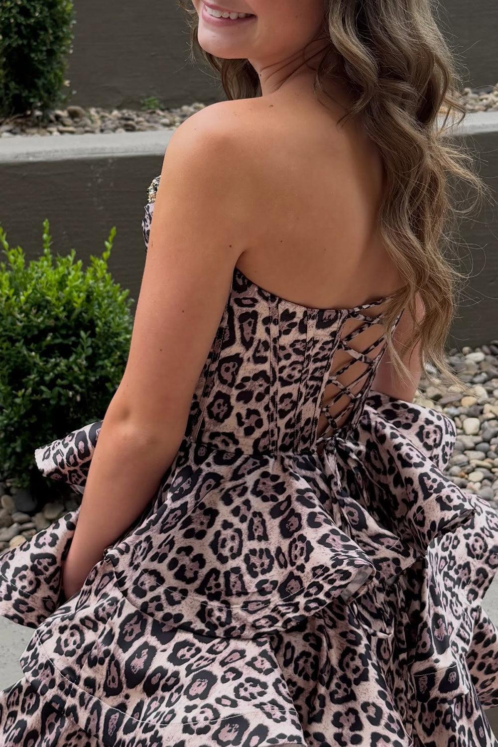 Brown Leopard Strapless Tiered Print Corset Short Homecoming Dress with Beading