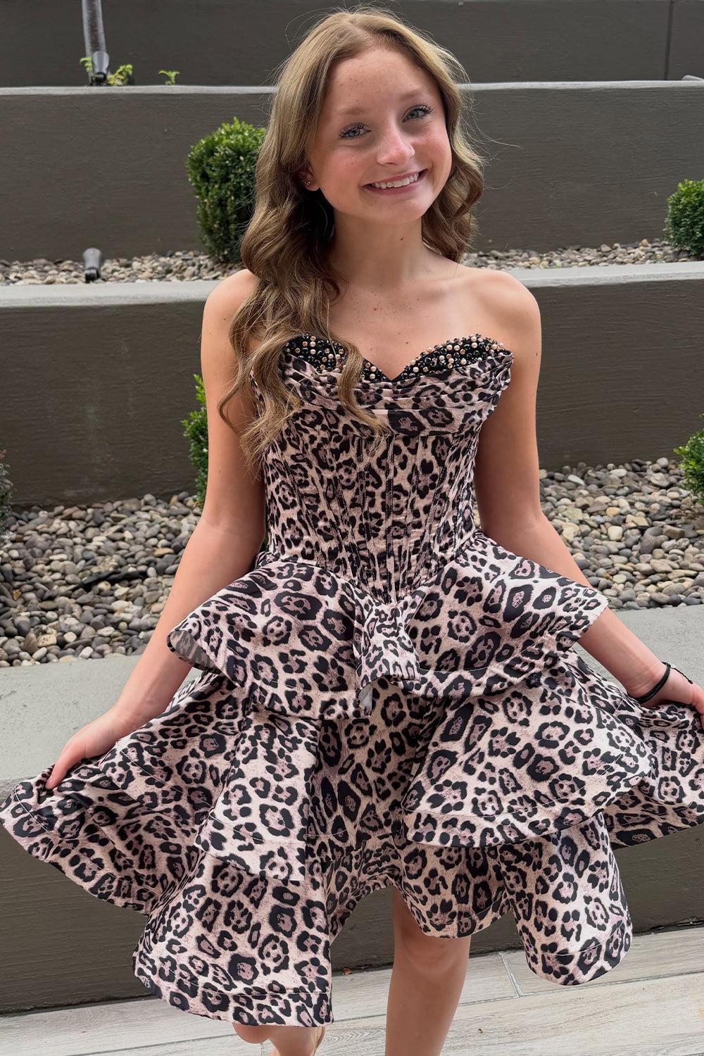 Brown Leopard Strapless Tiered Print Corset Short Homecoming Dress with Beading