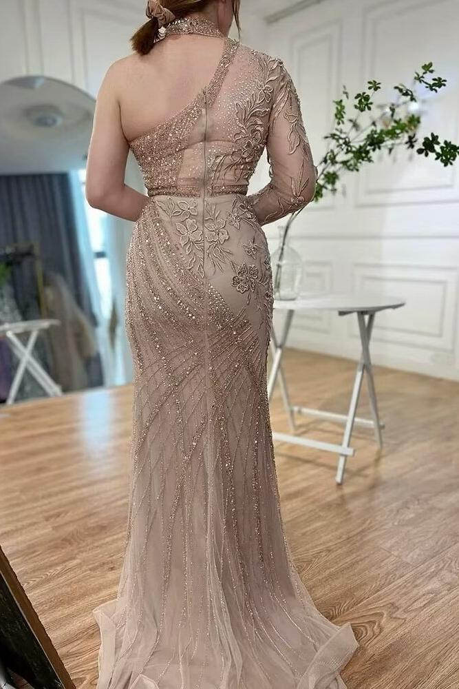 Brown Mermaid Prom Dress Long Sleeve Halter Neck Formal Dress With Lace Appliques