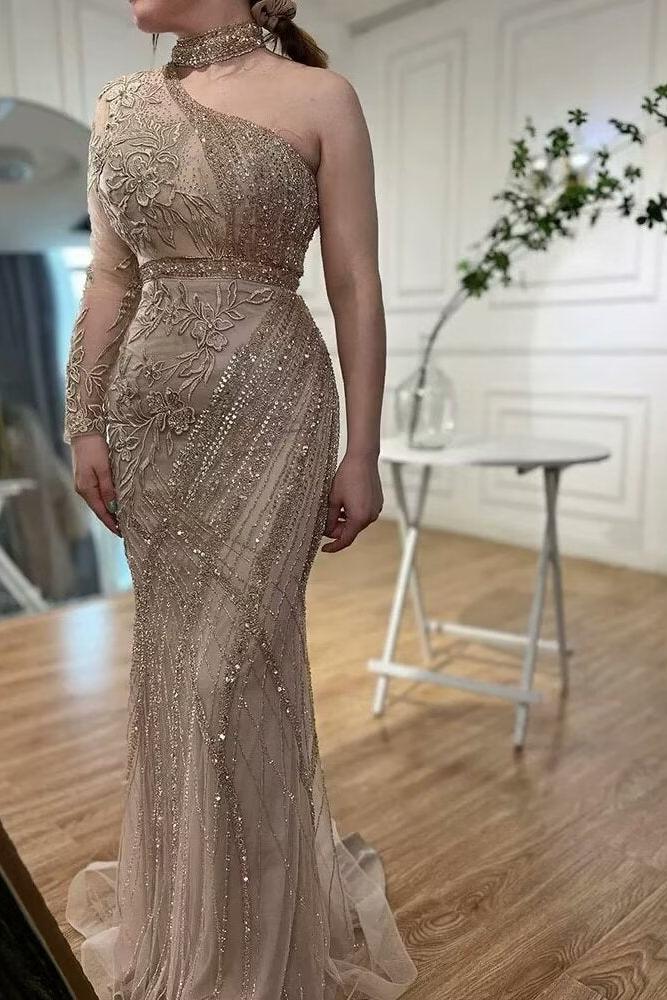 Brown Mermaid Prom Dress Long Sleeve Halter Neck Formal Dress With Lace Appliques
