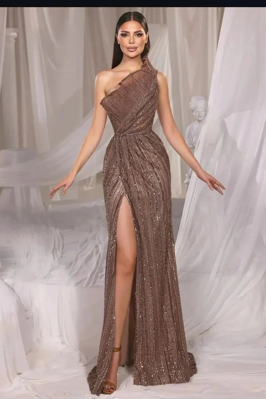 Brown Mermaid Prom Dress Sleeveless One Shoulder Sequined Formal Dress
