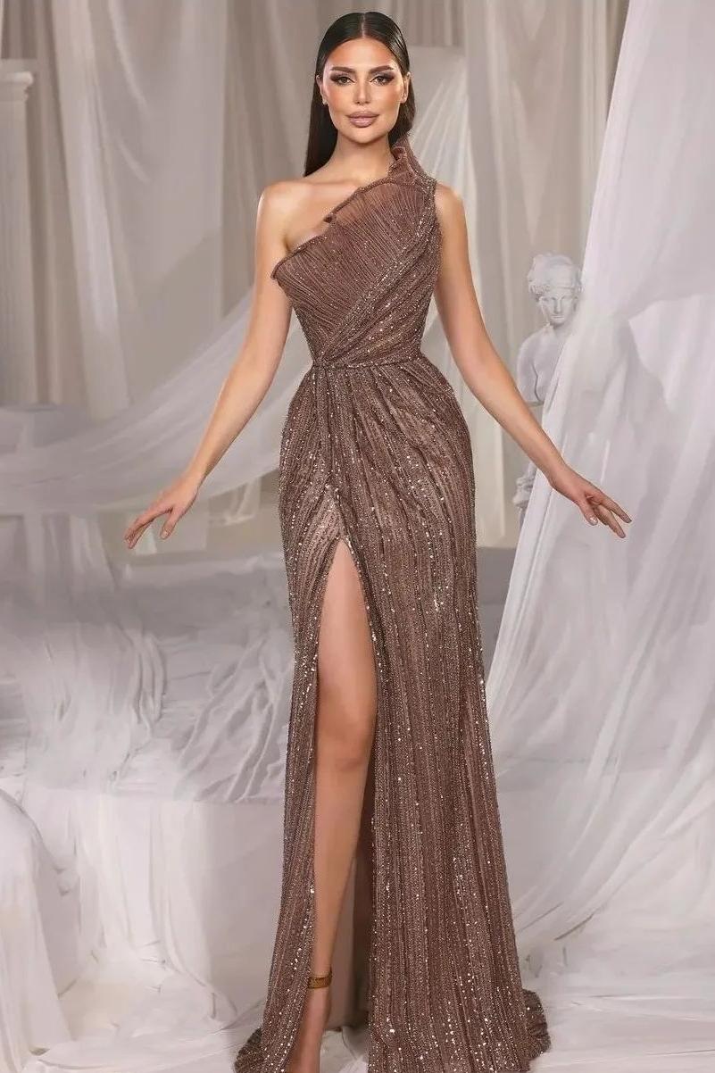 Brown Mermaid Prom Dress Sleeveless One Shoulder Sequined Formal Dress