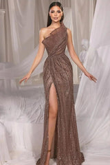 Brown Mermaid Prom Dress Sleeveless One Shoulder Sequined Formal Dress