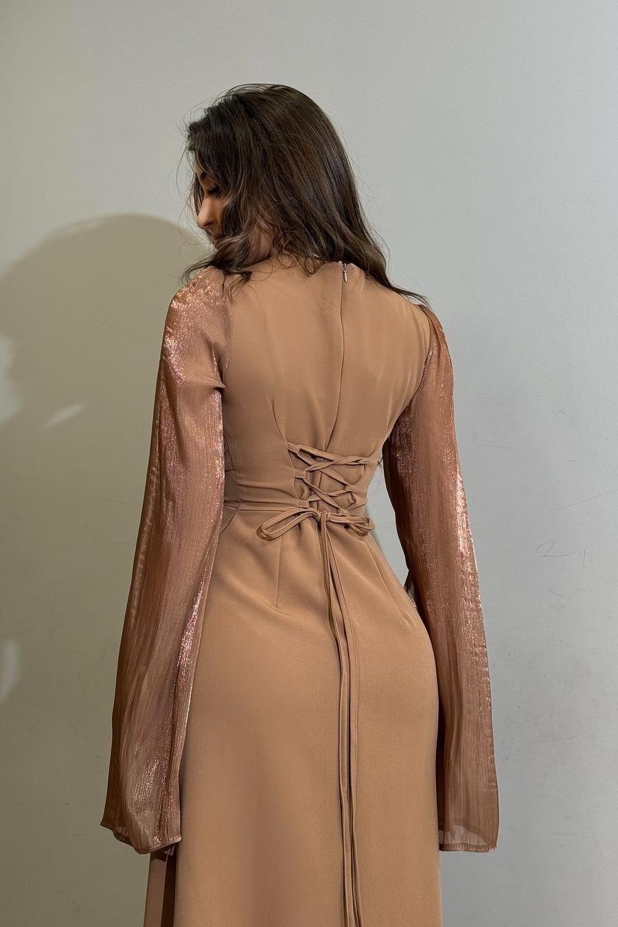 Brown Sheath/Column Prom Dress Long Sleeve Satin Formal Dress