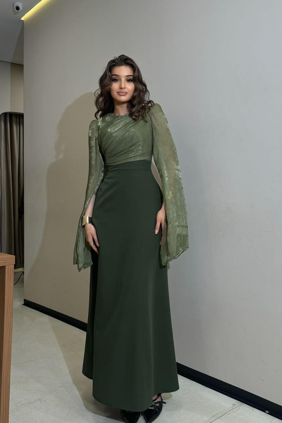 Brown Sheath/Column Prom Dress Long Sleeve Satin Formal Dress