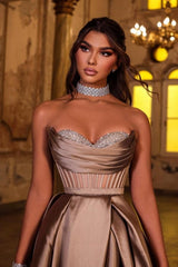 Brown Sweetheart Sleeveless Satin Slit Formal Dress With Rhinestones