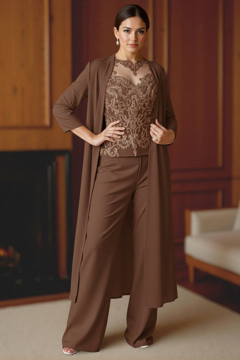 Dreamyannie Light Blue Bateau Neck Chiffon 3 Piece Mother Of The Bride Pant Suits With Jacket