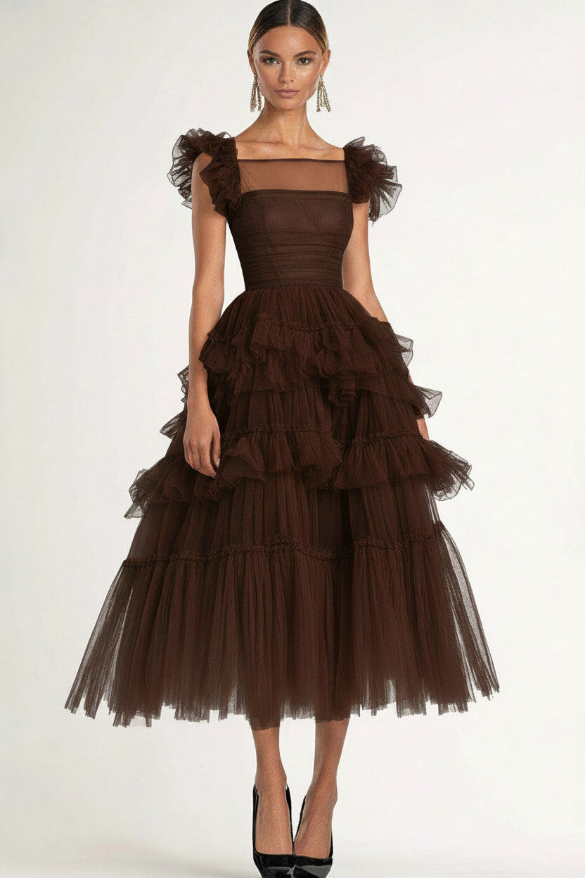 Dreamyannie Tea Length Black Wedding Guest Dress A-Line Flatter Sleeves Tulle Formal Dress With Ruffles