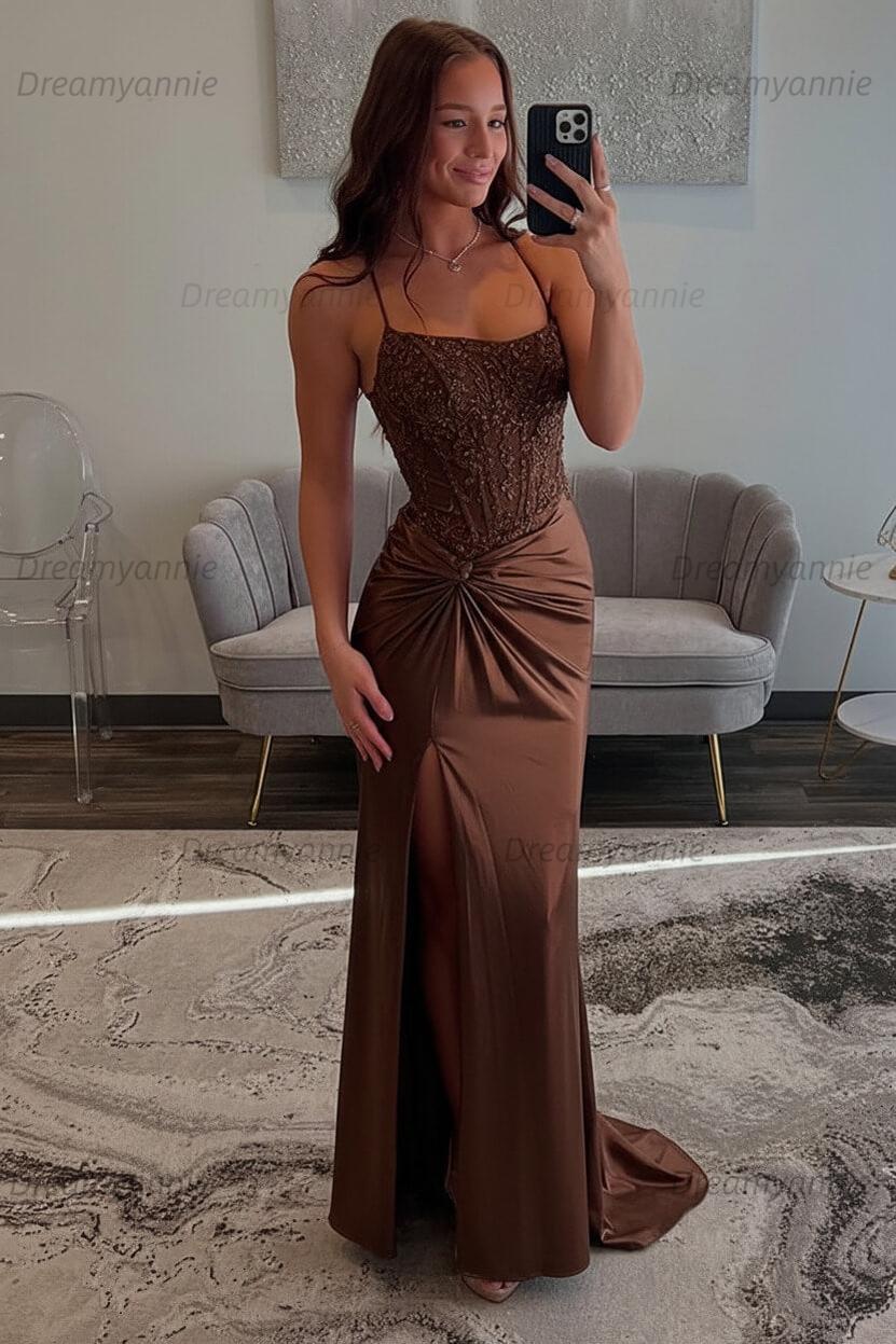Dreamyannie Red Prom Dress Spaghetti Straps Ruhed Long Lace Formal Dress With Appliques