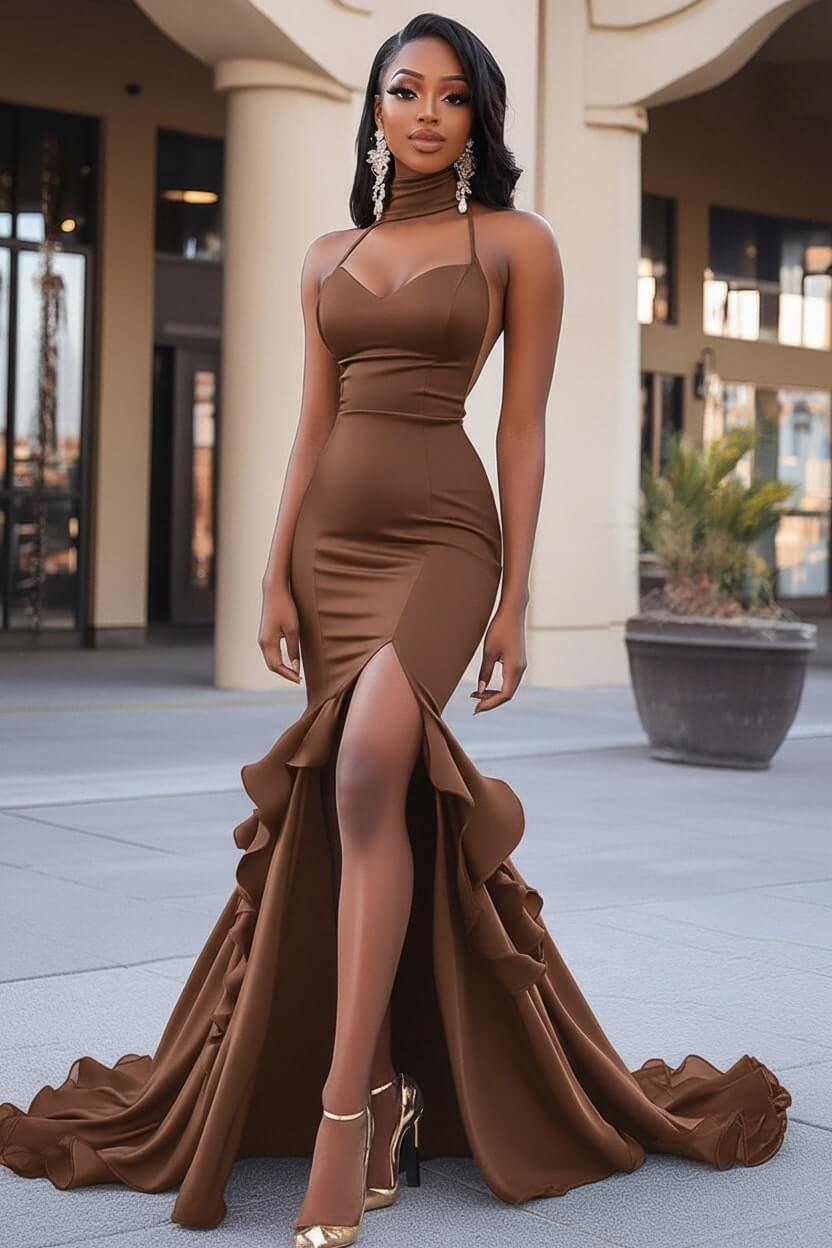 Dreamyannie Black Wedding Guest Dress Ruffled Mermaid Long Prom Dress With Slit