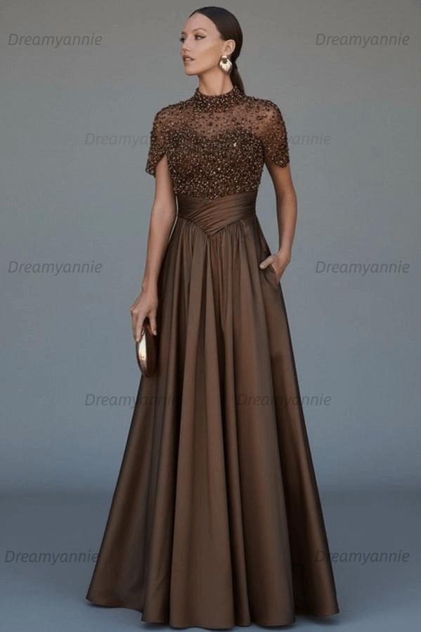Green A Line Prom Dress Short Sleeve High Neck Beaded Formal Dress