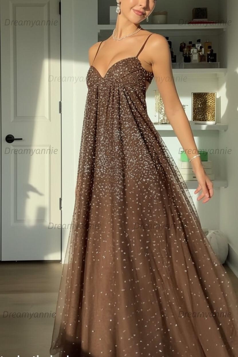 Bling A Line Spaghetti Straps Grey Blue Long Party Dress With Beading Formal Evening Gown