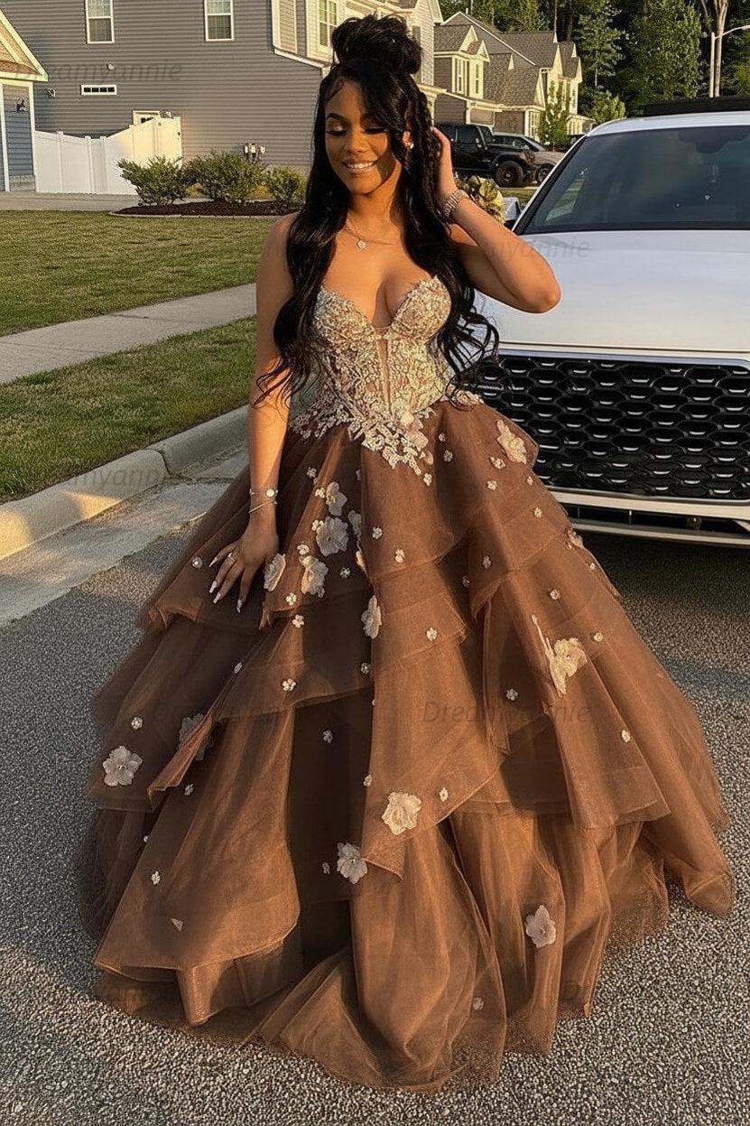 Dreamyannie Sage Prom Dress Floral Tiered Ruffles A-Line Sweetheart Corset Long Formal Dress