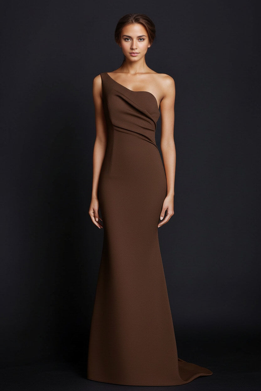 Dreamyannie One Shoulder Khaki Wedding Guest Dress Mermaid Long Formal Dress