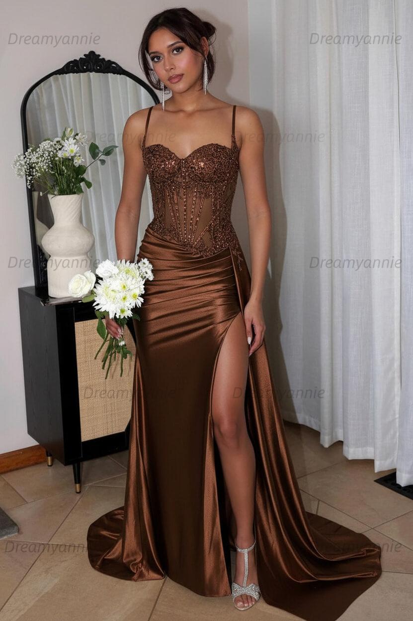 Corset Sequined Prom Dress Satin Appliqued Long Evening Dress With Slit
