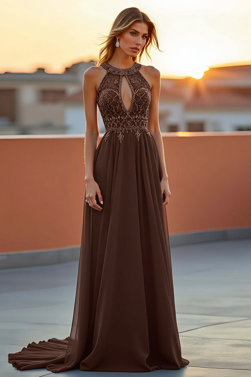 Dreamyannie Beaded Navy Wedding Guest Dress Halter Long Formal Dress With Embroideries