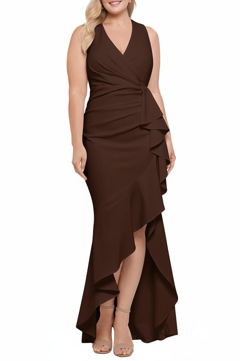 V Neck Sleeveless Plus Size Long Sheath Column Mother of the Bride Dresses with Ruffles