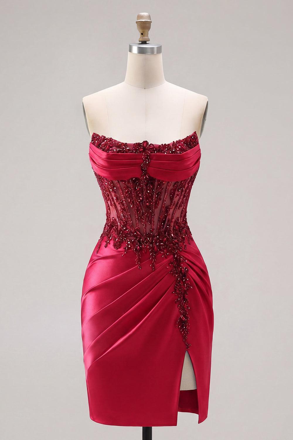 Sparkly Burgundy Corset Tight Short Beaded Ruched Homecoming Dress with Slit