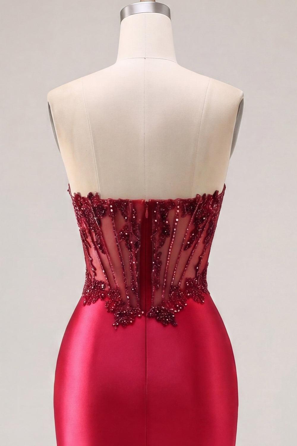 Sparkly Burgundy Corset Tight Short Beaded Ruched Homecoming Dress with Slit