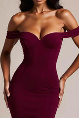 Burgundy Formal Dress Crepe Mermaid Off The Shoulder Long Wedding Guest Dress