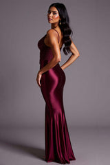 Burgundy Formal Dress Mermaid Satin Spaghetti Straps Long Wedding Guest Dress With Lace