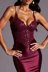 Burgundy Formal Dress Mermaid Satin Spaghetti Straps Long Wedding Guest Dress With Lace