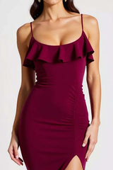 Burgundy Formal Dress Spaghetti Straps Mermaid Crepe Long Wedding Guest Dress With Slit