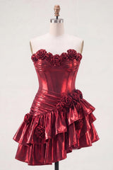 Burgundy Glitter Metallic A-Line Corset Short Homecoming Dress with Ruffles & 3D Flowers