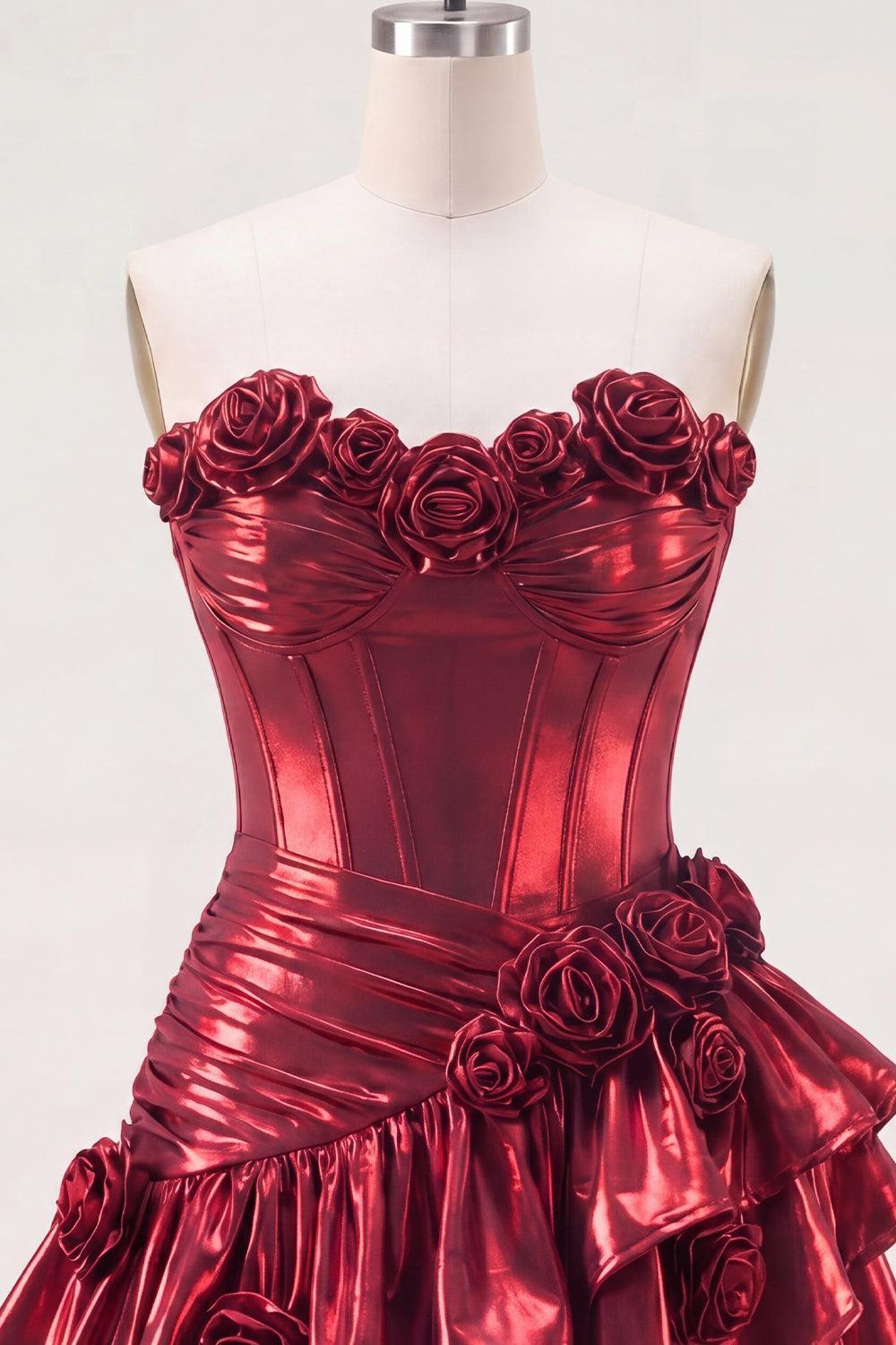 Burgundy Glitter Metallic A-Line Corset Short Homecoming Dress with Ruffles & 3D Flowers