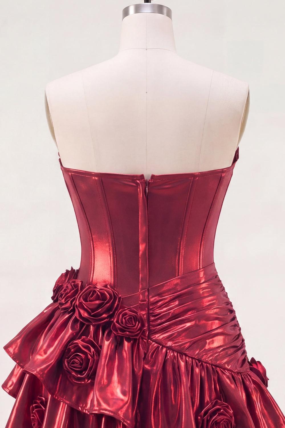 Burgundy Glitter Metallic A-Line Corset Short Homecoming Dress with Ruffles & 3D Flowers