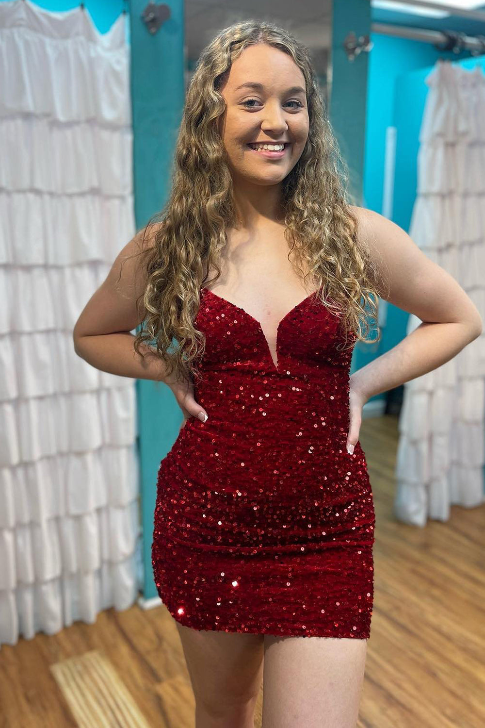 Burgundy Homecoming Dress Sequin Glitter Prom Dress with Lace-up Back